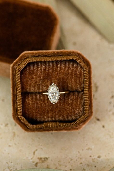 Unusual Oval Engagement Ring, Marquise Starburst Halo Engagement Ring, Marquis Ring With Halo, Vintage Diamond Rings Victorian, Gold Marquise Engagement Ring With Halo, Marquise Halo Diamond Ring, 1920 Wedding Rings, Marquise Ring With Halo, Marquise Diamond Ring With Halo