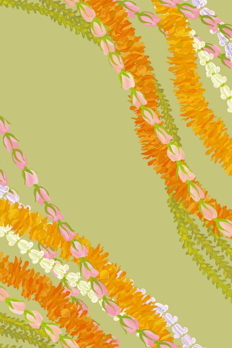 Diagonal print of Pakalana, Ilima, Crown Flower and Lokelani lei. All in my collection of lei set at a diagonal in fabric, wallpaper and home goods. 😃 Hawaiian Lei Wallpaper, Polynesian Wallpaper Iphone, Hawaiian Flower Pattern, Flower Lei Drawing, Hawaiian Flower Lei Drawing, Puakenikeni Drawing, Puakenikeni Flower Drawing, Hawaiian Lei Tattoo, Hawaiian Flowers Aesthetic