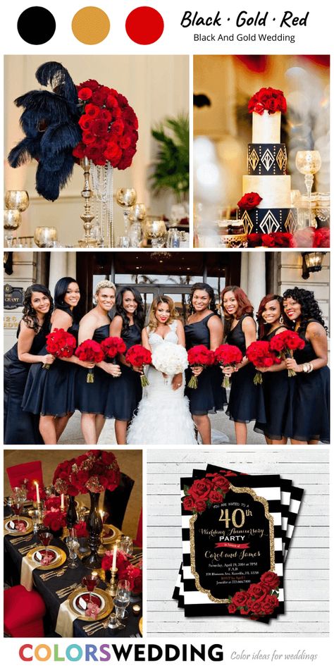 Colors Wedding | Perfect 8 Black and Gold Wedding Color Combos Black Red White Gold Wedding, Red Black And White Sweet 16, Red White Black And Gold Wedding, Red Black And Gold Wedding Theme, Red Black Gold Wedding, Black Red And Gold Wedding, Wedding Black Bridesmaid Dresses, Red Black And Gold Wedding, Country Wedding Dresses Bridesmaid