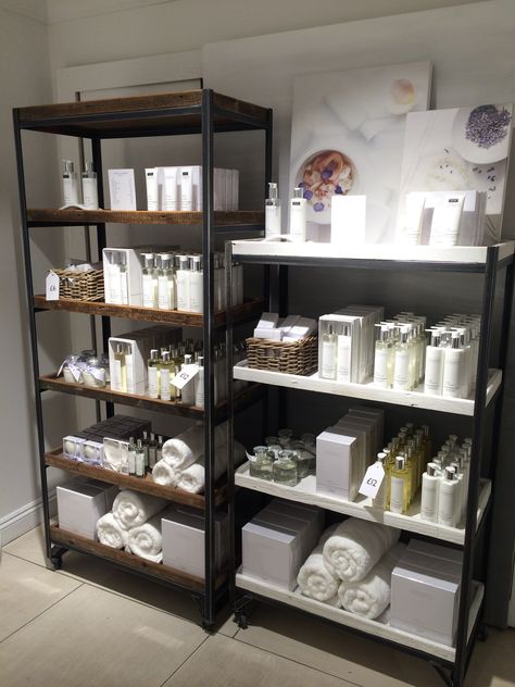 Fitness Studio Retail Display, Spa Retail Display Shelves, Bath Product Retail Display, Supplement Store Shelving, Fragrance Display Retail, Salon Retail Display, Painted Window Art, Retail Shelving, Boutique Display