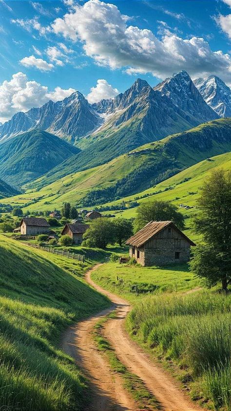 Valleys And Mountains, Nature Hills Wallpaper, Beautiful Mountains Wallpaper, Grass Mountain, Clouds And Mountains, Relaxing View, Beautiful Nature Photography, Mountain Clouds, Rustic Houses