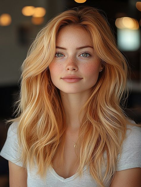 Add a sweet and sophisticated twist to your fall look with strawberry blonde hair! This gorgeous blend of warm golden tones and soft red hues perfectly captures the essence of autumn. It's like a ray of sunlight breaking through the crisp autumn leaves, offering a vibrant yet subtle glow. Ideal for those looking to embrace the season with a fresh and flattering color, strawberry blonde is the ultimate way to warm up your style. 🍁🍓 #StrawberryBlonde #FallHairColor #AutumnGlow Strawberry Blonde Hair Hazel Eyes, Strawberry Blonde Hair Pale Skin, 2025 Hair Trends, Fall Strawberry Blonde Hair Color, Golden Strawberry Blonde Hair, Subtle Strawberry Blonde, Blonde Hair For Hazel Eyes, Blonde Hair Pale Skin, Blonde Hair Green Eyes