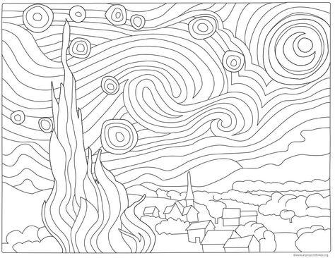 Starry Night Coloring Page, Famous Art Coloring, Van Gogh Coloring, Miro Artist, Artist Monet, Collaborative Mural, Artist Van Gogh, Sunflower Coloring Pages, Art Docent