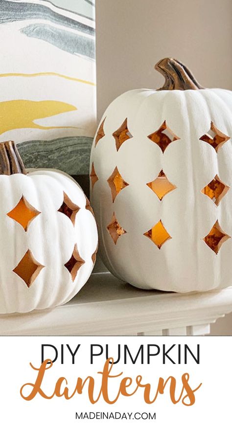 Shimmering Boho Pumpkin Luminaries, pumpkin lanterns, pumpkin Jack O'Lantern, faux ceramic pumpkin, filigree pumpkin, lighted pumpkin, carve a faux pumpkin, how to carve foam pumpkins, white pumpkin lantern, faux clay pumpkin luminary, #pumpkin #fallpumpkin #whitepumpkin #falldecor #fall #lantern #jackolantern #luminary #pumpkincarving #faux #boho #bohemian #modernboho #modernbohemian Pumpkin Lanterns, Faux Ceramic, Boho Pumpkin, Diy Confetti, Pumpkin Lantern, Pumpkin Topiary, Ceramic Pumpkin, Deco Nature, Faux Pumpkins