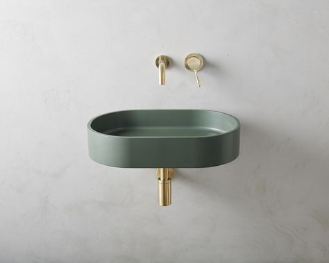 Affix Sink Collection by Mudd Concrete - Azure Magazine | Azure Magazine Concrete Bathroom Sink, Wall Mounted Bathroom Sinks, Round Sink, Wall Mounted Sink, Concrete Sink, Faucet Design, Countertop Basin, Wall Mounted Bathroom Sink, Sink Countertop