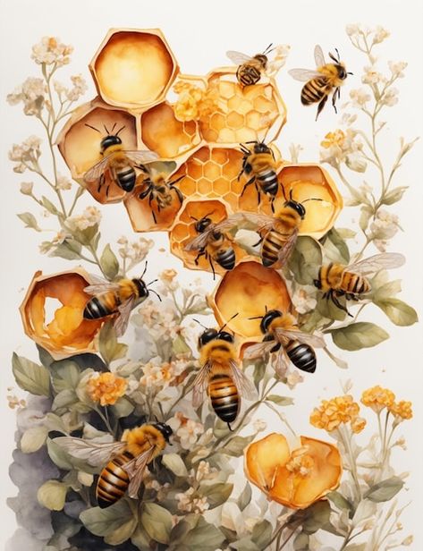 Premium Photo | Bee and melting honey flower How To Draw Honey, Bee Graphic Design, Bees Aesthetic, Aesthetic Watercolor Painting, Honey Bee Painting, Honey Bee Pictures, Bee Pictures Art, Honeycomb Art, Honey Pictures