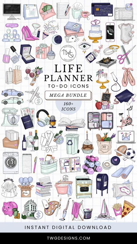 The ultimate bundle of to-do icons for your life planner! Includes over 100 icons in a variety of styles, so you can find the perfect ones to match your planner. Perfect for staying organized and productive.

Use these icons in your:

 BuJo
 Google Calendar
 Planner
 Bullet Journal
 Planner stickers
 Planner stamps
 And Medicine Stickers Free Printable, Digital Planner Stickers Free Goodnotes, Twg Designs, Do Icons, Daily Planner Stickers, Planner Icons, Happy Birthday Design, Planner Stamps, Daily Planner Pages