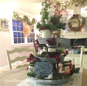 Priscillas: Winter Galvanized Tiered Tray Snowman Tiered Tray, Galvanized Tiered Tray, Fall Subway Art, Centerpieces Christmas, Flannel Rag Quilts, Cotton Branches, Book Page Wreath, Patchwork Heart, Christmas Tree Inspiration