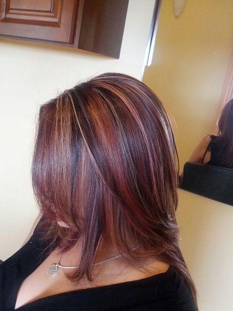 My new do!! Multi Dimensional Red Hair, Chunky Red Highlights On Dark Hair, Purple Hair With Blonde Highlights, Multi Color Hair Ideas, Tri Color Hair, Skunk Highlights, Tricolor Hair, 2024 Brown, Hairstyles With Curled Hair