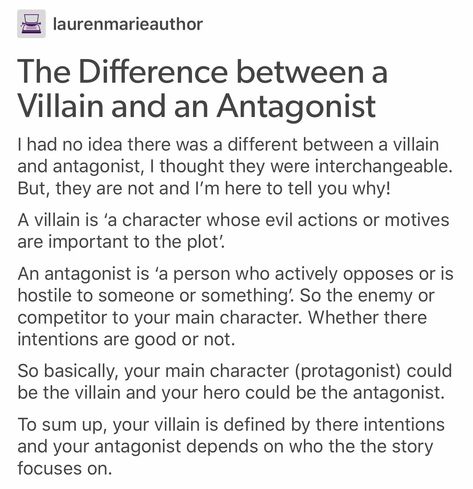 Villain vs Antagonist ~ Voldemort is the villain, Draco Malfoy is the antagonist. Writer Tips, Creative Writing Tips, Past Lives, Writing Characters, Book Writing Tips, Writing Resources, Writers Block, Writing Words, Writing Advice