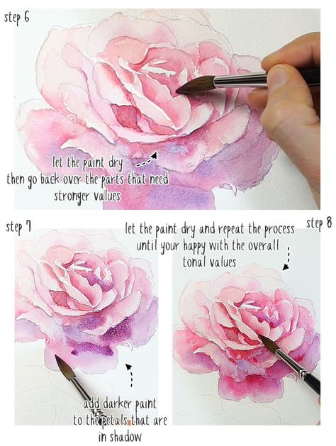 Watercolor Rose Tutorial Step By Step, Rose Watercolor Tutorials, Watercolor Roses Tutorial, Modern Rose Tattoo, Watercolor Rose Tutorial, Rose Digital Art, Roses Watercolor Painting, Drawing Roses, Roses Tutorial