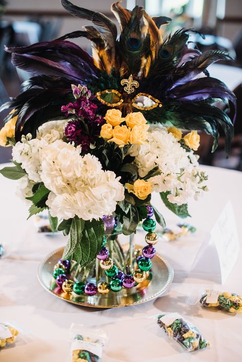 Mardi Gras Dress Ball, Mardi Gras Floral Centerpieces, Mardi Gras Arrangements, Muted Mardi Gras Decor, Mardi Gras Wedding Reception, Mardi Gras Themed Wedding, Elegant Mardi Gras Party, Elegant Mardi Gras Tablescape, Mardi Gras Centerpieces Elegant