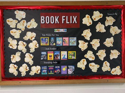 Classroom Book Recommendation Display, Book Flix Bulletin Board, Book Themed Bulletin Boards, Kids Library Ideas, Book Recommendations Bulletin Board, Book Launch Ideas, School Library Book Displays, Librarian Ideas, Book Bulletin Board