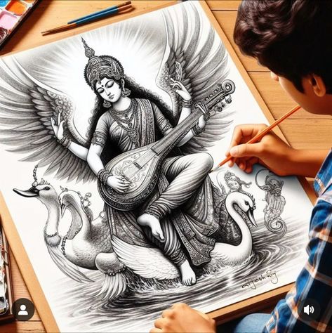 Saraswati Drawing Art, Maa Saraswati Drawing Sketch, God Pencil Sketch, Saraswati Sketch, Saraswati Devi Drawing, Maa Saraswati Drawing, Saraswati Drawing, Art Books For Kids, Pencil Drawing Images