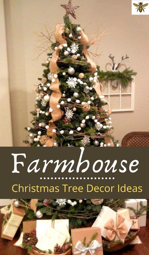 Country Farmhouse Christmas Trees, Farmhouse Decor Christmas Tree, Rustic Trees Christmas, Farmhouse Chic Christmas Tree, Burlap And White Christmas Tree, Farmhouse Christmas Tree Garland, Country Farmhouse Christmas Tree Decor, Country Decorated Christmas Trees, Elegant Farmhouse Christmas Tree