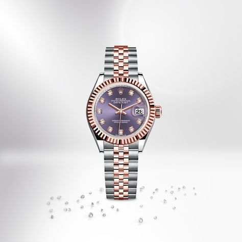 The Rolex Lady-Datejust 28 in Everose Rolesor - combination of Oystersteel and 18 ct Everose gold, 28 mm case, Aubergine set with diamonds dial, Jubilee bracelet.  The ideal gift. #Rolex #Datejust Classy Womens Watches, Minimalist Watch Women, Movado Womens Watch, Elegant Watches Women, Watches Women Simple, Cartier Watches Women, Womens Designer Watches, Pretty Watches, Watches Women Michael Kors