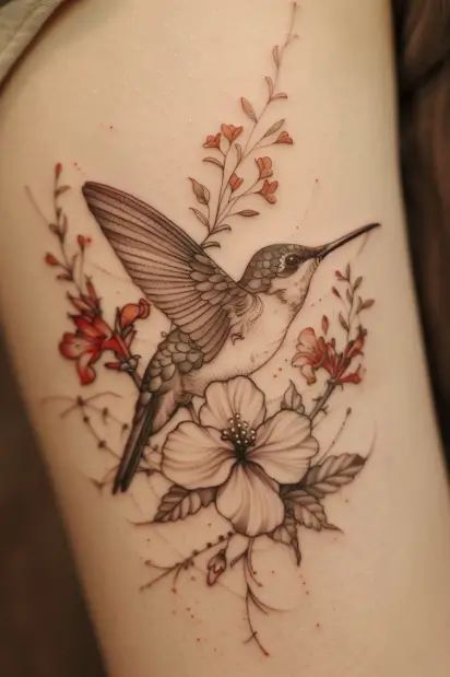 Hummingbird Succulent Tattoo, Hummingbird Remembrance Tattoo, Hummingbird With Daisy Tattoo, Hummingbird Tattoo With Flowers Color, Daisy And Hummingbird Tattoo, Female Hummingbird Tattoo, Hummingbird Hydrangea Tattoo, Hummingbird Neck Tattoo, Hummingbird Floral Tattoo