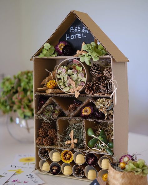 Play Alongside Us on Instagram: “A Bee Hotel 🐝 made as a little Invitation to explore for my bee obsessed Dudes. Made from nature treasures we’ve collected over time and…” Origami Paper Flowers, Bee Activities, Childrens Gardening, Bee Hotel, Bug Hotel, Insect Hotel, Holiday Program, Bug Crafts, Nature School