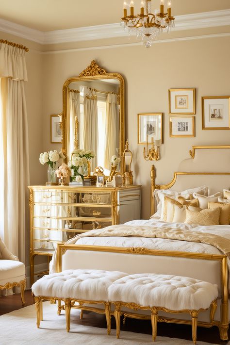 Old Hollywood Glam Dresser, Old Hollywood Bedroom Ideas, Mirror Furniture Bedroom, Old Money Aesthetic Bedroom, Old Hollywood Interior Design, Chandelier In Bedroom, Old Hollywood Glamour Bedroom, Victorian Bedroom Ideas, Old Hollywood Bedroom