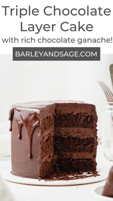 This triple chocolate layer cake is my absolute favorite chocolate cake recipe! With moist, fudgy chocolate cake layers, smothered with rich chocolate buttercream, and then covered with dark chocolate ganache, this cake is truly a chocolate lovers dream! Triple Layer Chocolate Cake, Dark Chocolate Cake Recipes, Chocolate Cake Layers, Fudgy Chocolate Cake, Chocolate Layer Cake Recipe, Double Chocolate Cake, Triple Chocolate Cake, Chocolate Ganache Cake, Dark Chocolate Ganache