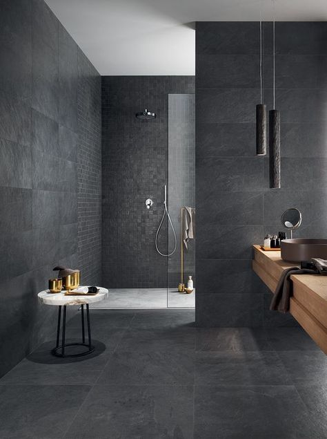 Artmar Natural Stone: The Beauty of Black Slate Drømme Bad, Mega House, Dekorere Bad, Stone Walls Interior, Kitchen 2021, Bilik Air, Luxury Bathroom Master Baths, Luxury Master Bathrooms, Dark Bathrooms