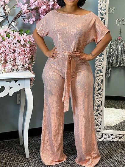 Pink Off Shoulder Tie Waist Jumpsuit Jumpsuit Fashion Elegant, Off The Shoulder Plus Size, Plus Size Pink, Mode Rose, Collar Jumpsuit, Jumpsuit Casual, One Shoulder Jumpsuit, Sequin Jumpsuit, Pink Jumpsuit