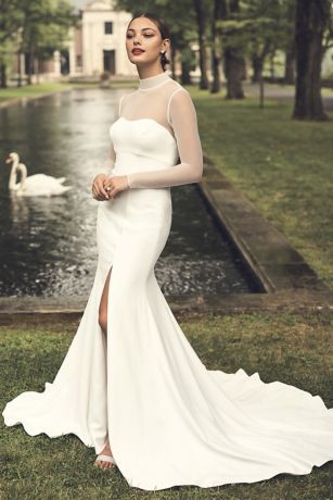 Illusion Sleeve High Neck Plus Size Wedding Dress | David's Bridal Plus Size Wedding Dress, Crepe Wedding Dress, Davids Bridal Wedding Dresses, Tea Length Dresses, Plus Size Wedding, Book An Appointment, Slim Dresses, Davids Bridal, Fitted Bodice