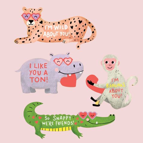 Animal Pun Valentines, Animal Valentines Cards, Encouraging Puns, Valentines Animals, Animal Valentine Cards, Valentine Animals, Easy Valentine Cards, Valentines Cards For Kids, Valentine Illustration