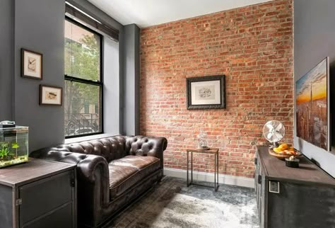 Living room with exposed brick wall gray paint Brick Wall Living Room Ideas, Brick Interior Design, Brick Wall Living Room, Brick Feature Wall, Brick Living Room, Brick Room, Brick Accent Walls, Older Homes, Painted Brick Walls