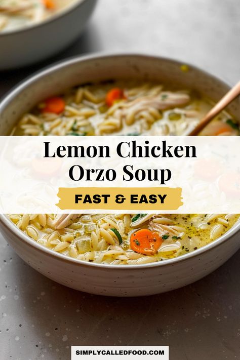 Savor an easy lemon chicken orzo soup recipe, a fast, simple homemade meal that's the best of Greek cuisine. This creamy, healthy Mediterranean dish is loaded with vegetables and customizable with kale, spinach, dill, or egg. You can prepare lemon chicken orzo soup in a Crock Pot, instant pot, slow cooker, pressure cooker, or stove top. For this lemon chicken orzo soup recipe and more soup recipes, visit simplycalledfood.com. Crock Pot Lemon Chicken Orzo Soup, Mediterranean Lemon Chicken Soup, Greek Lemon Soup Orzo Rotisserie Chicken, Chicken Orzo Soup Instant Pot, Lemon Chicken Soup With Orzo, Soup In A Crock Pot, Heart Healthy Soup, Greek Lemon Soup, Lemon Orzo Soup