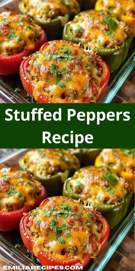 Searching for easy ground beef recipes? Try our Stuffed Peppers Recipe! This ground beef recipe for dinner combines beef, rice, and spices in bell peppers, creating a delicious and easy meal. Stuffed Bell Peppers Ground Beef, Classic Stuffed Peppers Recipe, Baked Stuffed Peppers, Easy Stuffed Pepper Recipe, Stuffed Peppers With Rice, Easy Stuffed Peppers, Stuffed Peppers Recipe, Ground Beef Recipe, Beef Rice