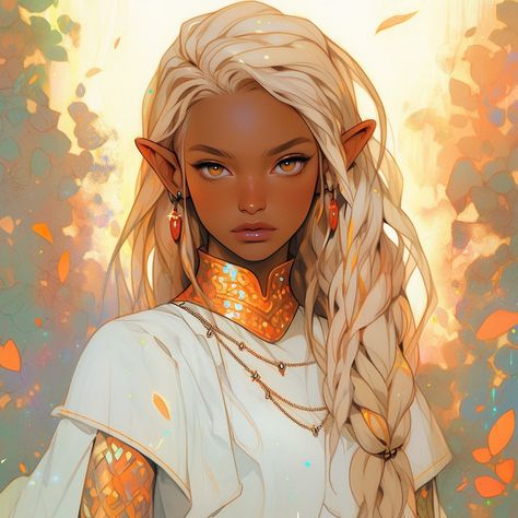 Elf, dark skin,  fantasy,  art,  digital illustration,  original character,  sun elf,  black girl elf,  black elf girl Black Elves Art, Sun Elves Dnd, Sun Elf Character Design, Sun Elf Art, Sun Warrior Art, Sun Elf Female Dnd, Dnd Sun Elf, Sun Elf Female, Summer Eladrin Female