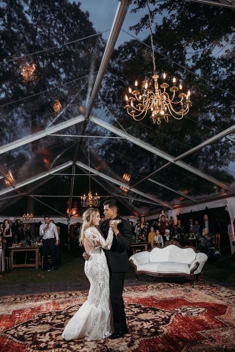 Tent Wedding Night, Clear Tents For Weddings, Small Outdoor Tent Wedding, Back Years Wedding, Witchy Wedding Reception, Clear Tent Wedding Reception Night, Tent Wedding Ceremony And Reception, Tented Fall Wedding, Winter Tent Wedding Reception