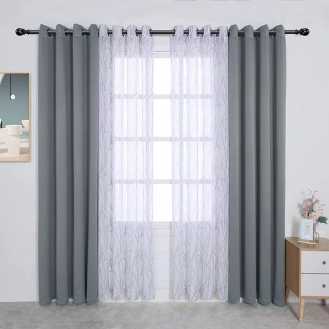 PRICES MAY VARY. Polyester WHAT'S IN THE PACKAGE?: Each set includes 2 pieces branch print sheer curtain and 2 pieces blackout curtains. Each curtain panel measures 54 wide by 108 inch long and finished with 8 grommets with 1.6 inch diameter that fits well with standard curtain rods, making them easy to install and move along the pole. PREMIUM BLACKOUT AND SHEER FABRIC: BONZER mix and match blackout curtains are crafted from 100% polyester fabric in a certified STANDARD 100 by OEKO TEX factory. Sheer And Blackout Curtains Together, Mix And Match Curtains, Flat Decor, Curtains For Bedroom, Sheer Curtain Panels, Panel Light, Grey Curtains, Thermal Curtains, Curtain Lights