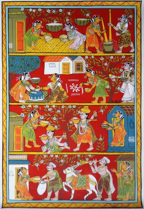 Cherial Paintings, Cheriyal Art, Cheriyal Paintings, Phad Painting, Scroll Painting, Kalamkari Painting, Mughal Paintings, Lotus Art, Folk Art Flowers