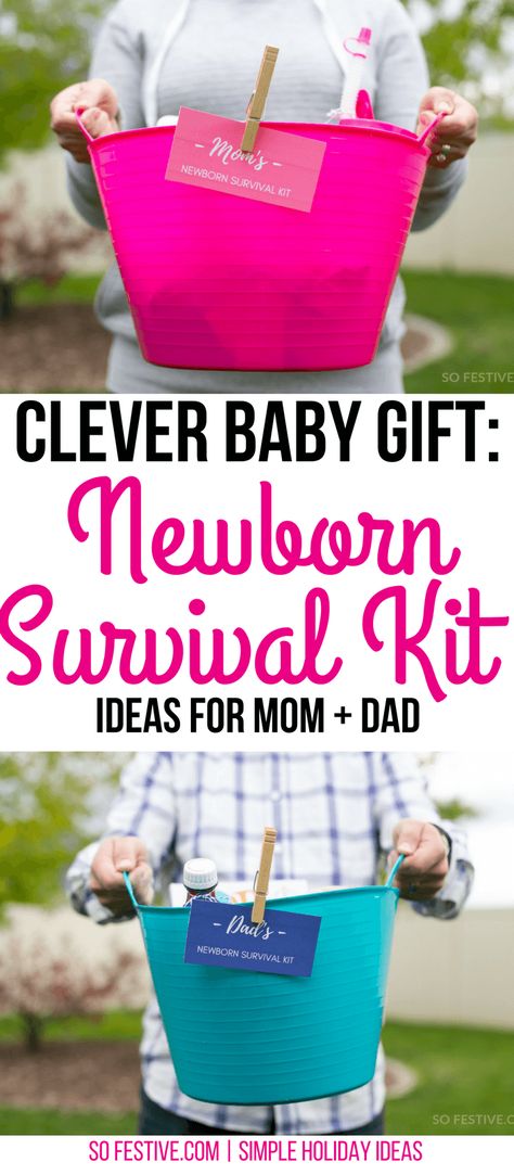 How to Make a Newborn Survival Kit for a Baby Shower Gift! - So Festive! Parent Survival Kit, Newborn Survival, New Mom Survival Kit, Creative Baby Shower Gifts, Mom Survival Kit, Practical Baby Shower Gifts, Survival Kit Gifts, Baby Shower Baskets, Creative Baby Shower