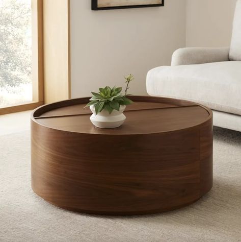 A Place to Store Blankets: West Elm Volume Round Storage Coffee Table Round Drum Coffee Table, West Elm Coffee Table, Pedestal Coffee Table, Drum Coffee Table, Living Room Setup, Live Edge Coffee Table, Round Storage, Living Room Collections, Side Table Wood