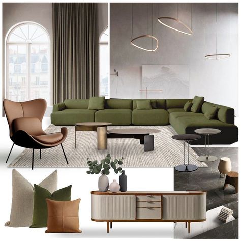 Interior With Green Sofa, Green Color Sofa Living Rooms, Green Dark Brown Living Room, Khaki And Grey Living Room, Green Beige Color Palette Living Room, Beige With Green Living Room, Black Green And Tan Living Room, Contemporary Green Living Room, Olive Green And Tan Living Room