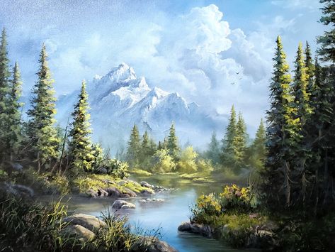 This week I painted a classic landscape with a distant mountain, evergreen trees, and foreground lake. I hope you enjoy it! Mountains And Trees Painting, Evergreen Painting, Kevin Hill Paintings, Mountain Painting Acrylic, Hill Painting, Kevin Hill, Classic Landscape, Oil Painting Lessons, Mountain Landscape Painting