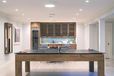 Basement Game Room with Ping Pong Table - Cottage - Basement Basement Ping Pong, Room With Ping Pong Table, Ping Pong Room, Wet Bar Cabinets, Basement Game Room, Kitchenette Design, Sleek Fireplace, Basement Games, Lake Retreat