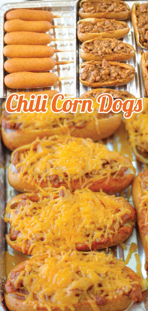 Corn Dogs With Chili And Cheese, Healthy Chili Dogs, Corn Dog Chili Casserole, Chili Corndogs, Dinners With Chili, Loaded Corn Dogs, Corn Dog With Chili And Cheese, Chili Corndog Casserole, Corn Dog Appetizers