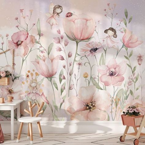 Fairy Nursery Wallpaper Watercolor Floral Wall Mural Peel and Stick Girls Room Wall Decor - Etsy Fairy Room Wallpaper, Fairy Garden Nursery Theme, Fairy Theme Room, Garden Nursery Theme, Princess Nursery Room, Wall Murals Painted Diy, Fairytale Baby Shower, Girly Nursery, Nursing Room