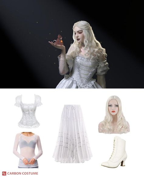 Diy White Queen Costume Wonderland, The White Queen Costumes, Alice In Wonderland Dress Up, White Costumes Ideas, White Queen Alice In Wonderland Costume, White Queen Halloween Costume, Alice In The Wonderland Costumes, All White Halloween Costume, White Queen Outfit