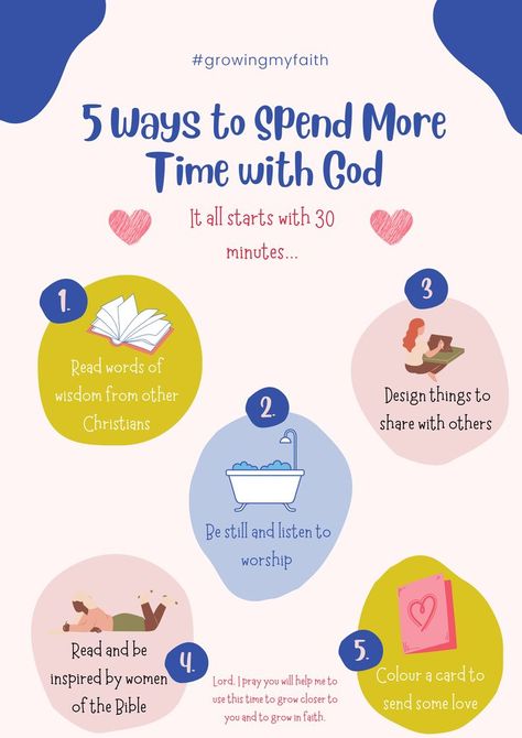 5 Ways to Spend More Time with God - It all starts with 30 minutes... 1. Read words of wisdom from other Christians; 2. Be still and listen to worship; 3. Design things to share with others; 4. Read and be inspired by women of the Bible; 5. Colour a card to send some love. Lord, I pray you will help me to grow closer to you and to grow in faith. Spending Time With God Ideas, How To Spend More Time With God, How To Submit To God, Creative Ways To Spend Time With God, Build Relationship With God, How To Start A Relationship With God, How To Build A Relationship With God, Building Relationship With God, Ways To Spend Time With God