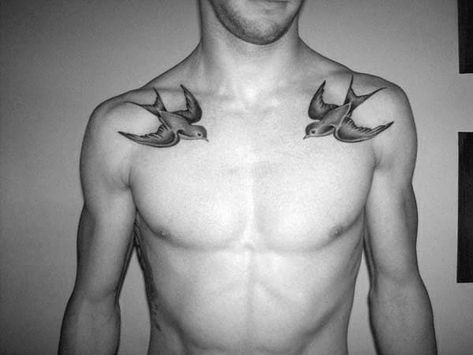 Front Tattoo, Collar Bone Tattoo Quotes, Tattoos Arm Mann, Collar Bone Tattoos, Collar Bone Tattoo For Men, Swallow Tattoo Design, Swallow Bird Tattoos, Geometric Chest, Bird Tattoo Men