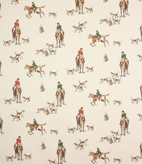 Hunting Fabric / Multi | Just Fabrics A rather contemporary style hunting scene fabric Vintage Equestrian Wallpaper, Equestrian Fabric, Hunting Fabric, Wallpaper House Horse, Horse Wallpaper For Bedroom, Horse Fabric Print, Horse Fabric, Hunting Scene, Curtains And Blinds