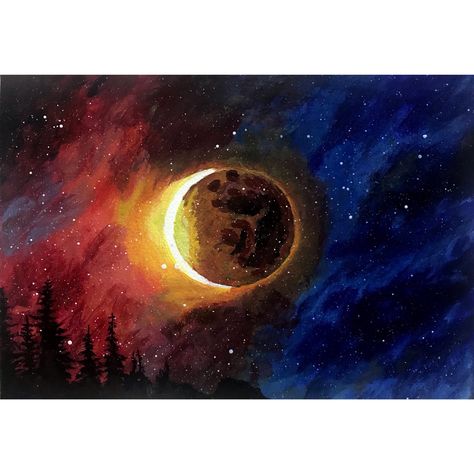 Eclipse Painting Ideas, Eclipse Painting Easy, Solar Eclipse Watercolor, Solar Eclipse Rock Painting, Solar Eclipse Painting, Universe Painting Acrylic, Solar Eclipse Drawing, Solar Eclipse Art, Eclipse Painting