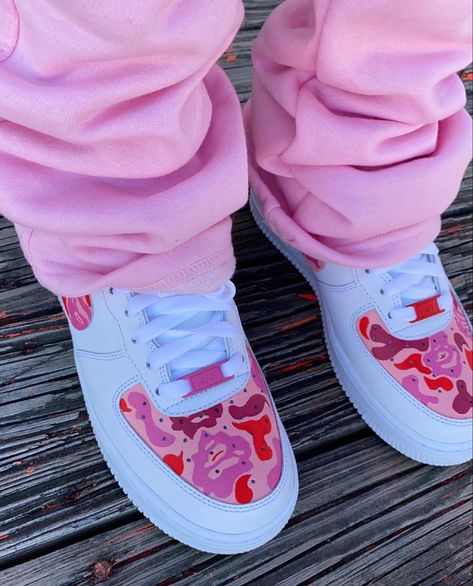 Nike Air Force 1 Pink, Air Force 1 Pink, Pink Shoes Outfit, Bape Shoes, Custom Sneakers Diy, Diy Sneakers, Jordan Shoes Girls, Custom Nike Shoes, Custom Design Shoes