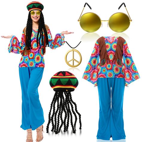 PRICES MAY VARY. Polyester Machine Wash Hippie Costume Accessories Set: package includes 1 piece shirt with faux suede tassels vest and 1 piece Bohemia pants, 1 piece peace sign necklace,1 pair of 60s 70s retro sunglasses, 1 piece Rasta hat with dreadlocks, hippie disco outfit accessories will bring you a new and attractive charm, show the hippie styles of the 60s and 70s, make you the focus in the theme party Colorful Rasta Hat: the dreadlocks wig hat is made of quality polyester, comfortable f Bob Marley Halloween Costume, 70s Teen Fashion, Hippie Outfits Women, 60s 70s Outfits, 70s Hippie Outfits, Dreadlocks Wig, 60s Fashion Hippie, 70s Fashion Hippie, 70’s Dresses