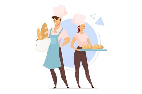 Baker Illustration, Bakery Concept, Bread Food, Female Cartoon Characters, Female Cartoon, Color Vector, Flat Illustration, Food Industry, Flat Color